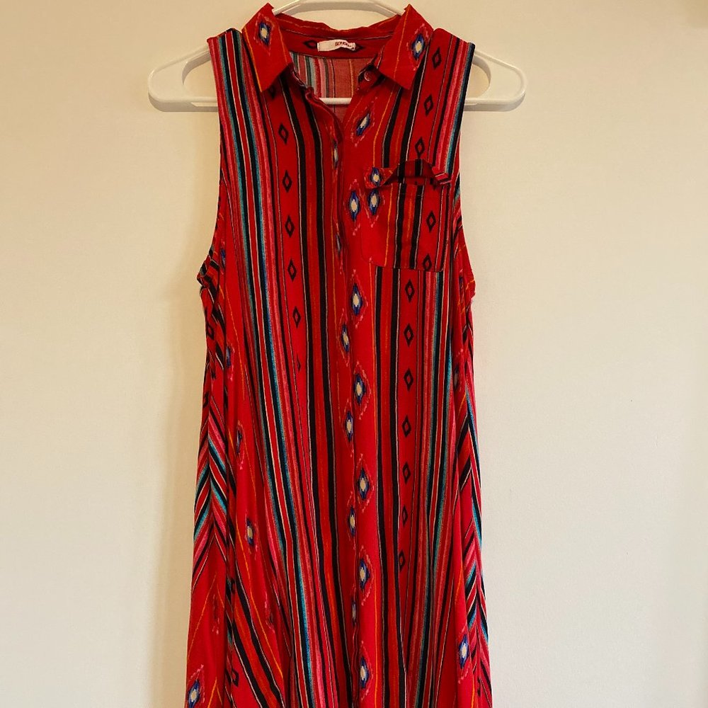 Aztec Pattern Red Button Down Dress Above the Knee